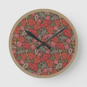 Victorian Steampunk Old Lock Key Red Poppies Round Clock