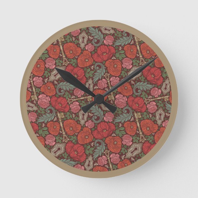 Victorian Steampunk Old Lock Key Red Poppies Round Clock (Front)