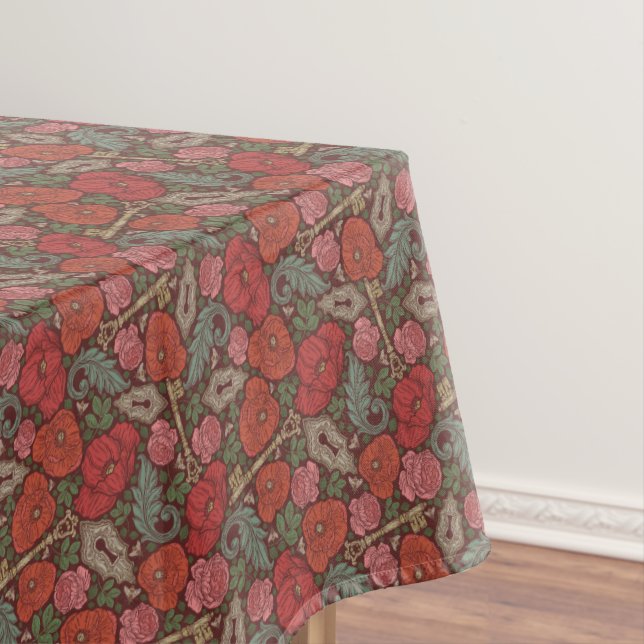 Victorian Steampunk Old Lock Key Red Poppies Tablecloth (In Situ)