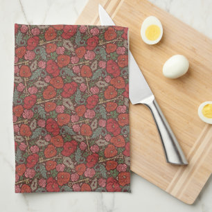 Victorian Steampunk Old Lock Key Red Poppies Tea Towel