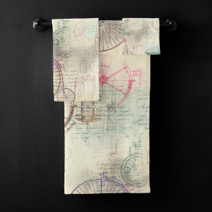 Victorian Steampunk   Watercolor Grunge Pastel Bath Towel Set