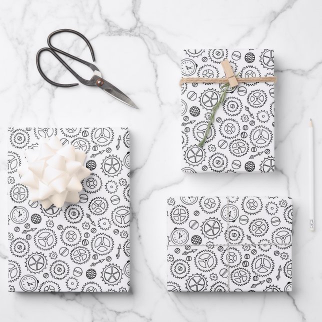Victorian Steampunk White & Black Gears Drawing Wrapping Paper Sheet (Front)