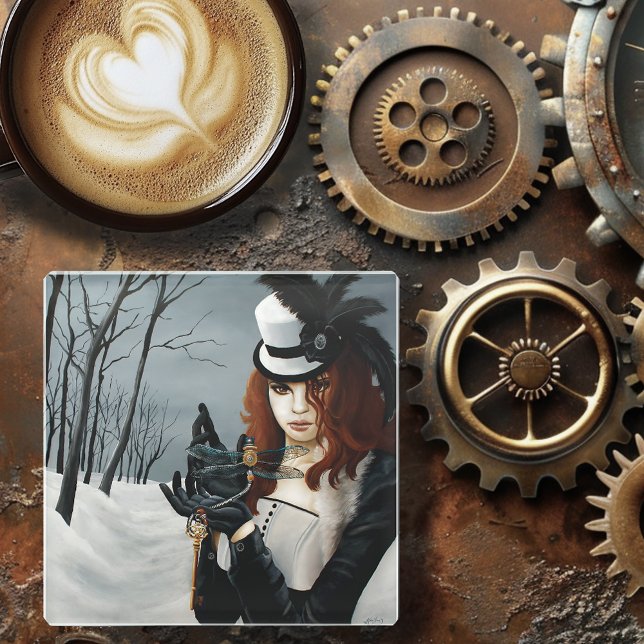 Victorian Steampunk Winter Dragonfly Key Gothic Glass Coaster (Creator Uploaded)