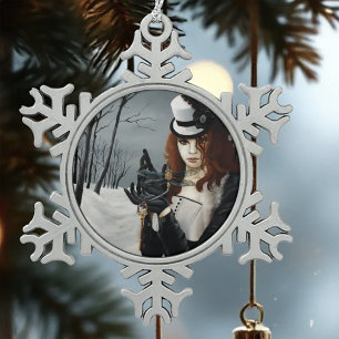 Victorian Steampunk Winter Dragonfly Key Gothic Snowflake Pewter Christmas Ornament