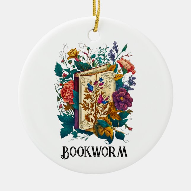 Victorian style Bookworm design Ceramic Tree Decoration (Front)