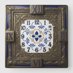 Victorian Style Bronze and Blue White Dial Square Wall Clock