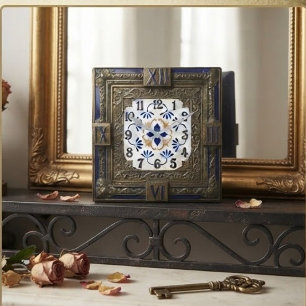 Victorian Style Bronze and Blue White Dial Square Wall Clock