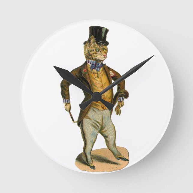 Victorian style cat with top hat round clock (Front)
