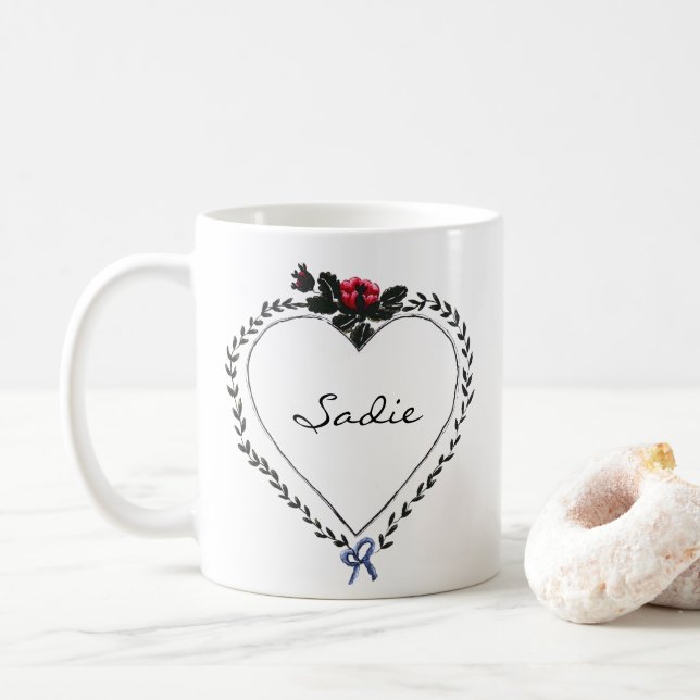 Victorian Style Heart Dark Academia Custom Name Coffee Mug (With Donut)