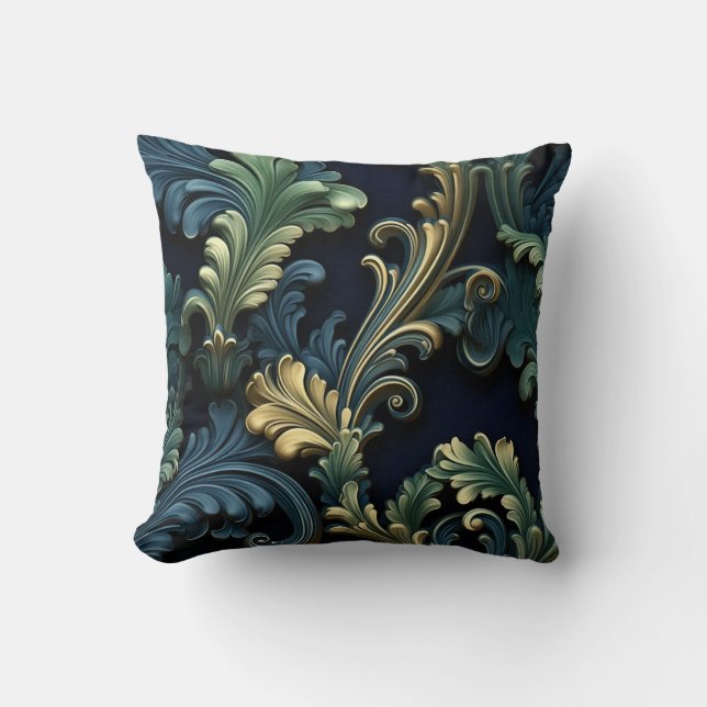 Victorian style ornamental shapes deep blue green cushion (Front)