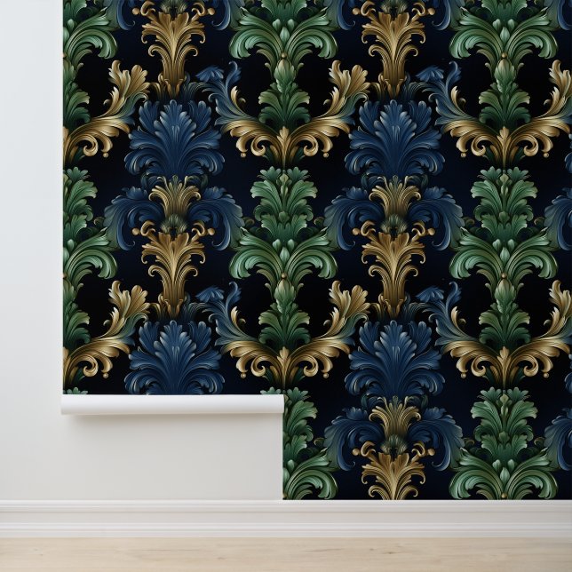 Victorian style ornamental shapes deep blue green  wallpaper (Application)