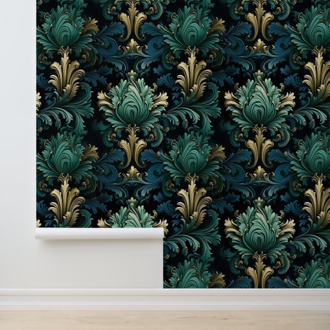 Victorian style ornamental shapes deep blue green  wallpaper (Application)