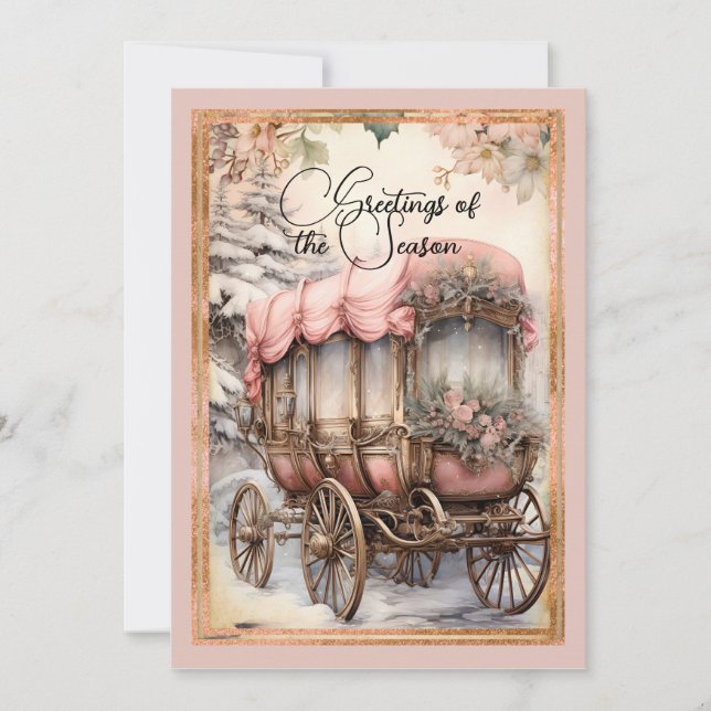Victorian Style Pink Horse Drawn Carriage Holiday Card (Front)