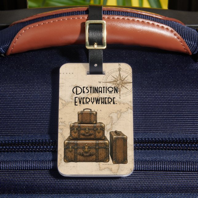 Victorian Suitcase & Map – Destination: Everywhere Luggage Tag (Front Insitu 2)