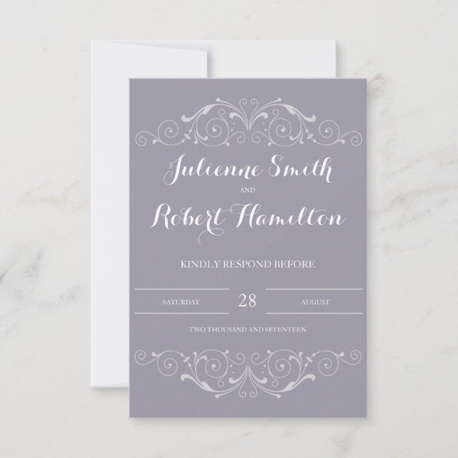 Victorian Swirls Gray Wedding RSVP Card (Front)