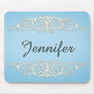 Victorian Swirls in Cream on blue Mouse Mat