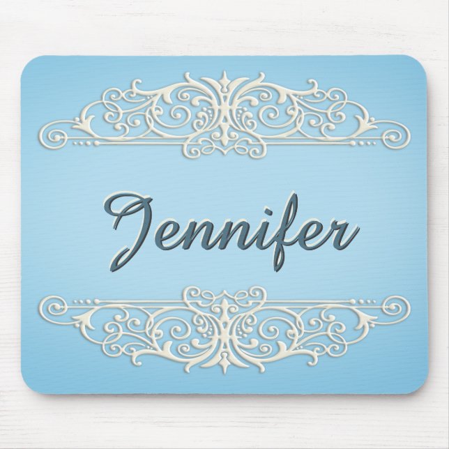 Victorian Swirls in Cream on blue Mouse Mat (Front)