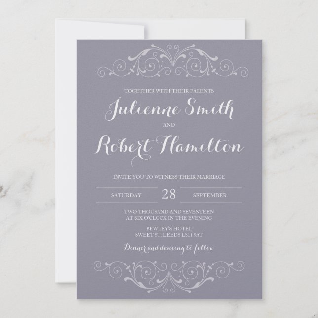 Victorian Swirls Vintage Gray Wedding Invitations (Front)