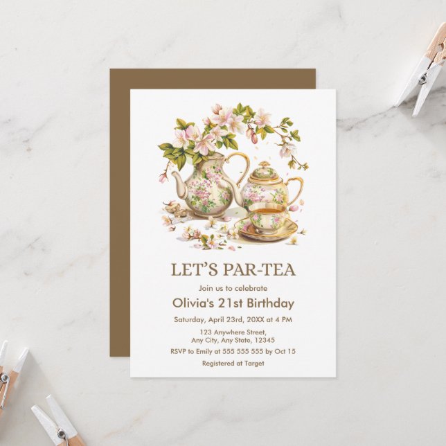 Victorian Tea Party Let's Par Tea 21st Birthday  Invitation (Front/Back In Situ)