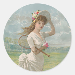 Victorian Tennis Lady with Flowered Hat Antique Classic Round Sticker