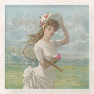 Victorian Tennis Lady with Flowered Hat Antique  Glass Coaster