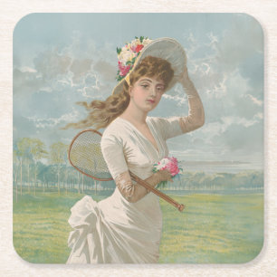 Victorian Tennis Lady with Flowered Hat Antique  Square Paper Coaster