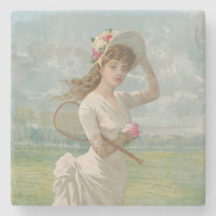 Victorian Tennis Lady with Flowered Hat Antique  Stone Coaster
