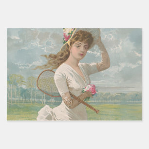Victorian Tennis Lady with Flowered Hat Antique  Wrapping Paper Sheet
