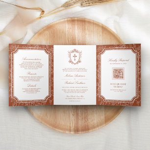 Victorian Terracotta Catholic QR Code Wedding Tri-Fold Invitation