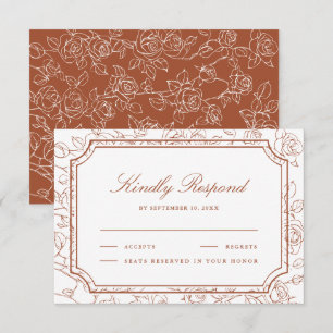 Victorian Terracotta Floral Line Art Wedding RSVP Card