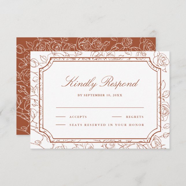 Victorian Terracotta Floral Line Art Wedding RSVP Card (Front/Back)
