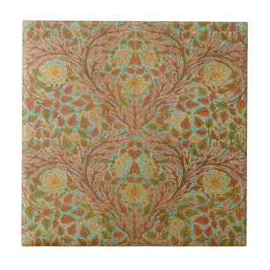 Victorian Terracotta Rose and Leaf Botanical Print Tile