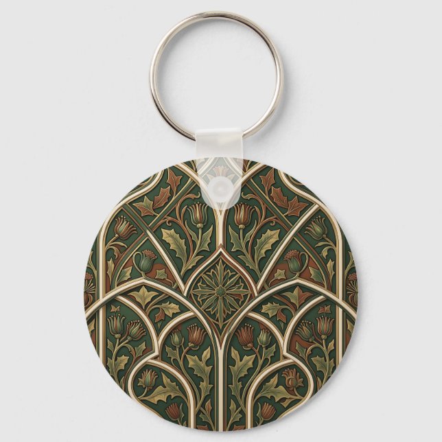 Victorian Thistle Floral Pattern Dark Green  Key Ring (Front)