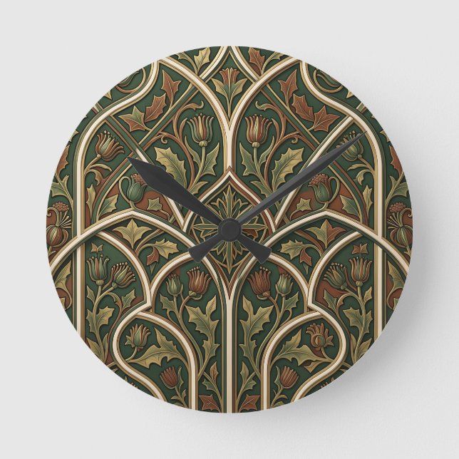 Victorian Thistle Floral Pattern Dark Green  Round Clock (Front)