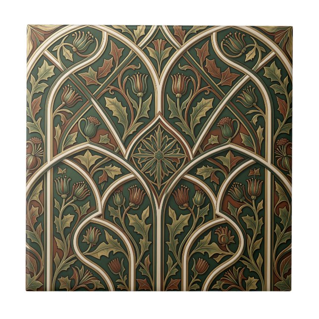 Victorian Thistle Floral Pattern Dark Green  Tile (Front)