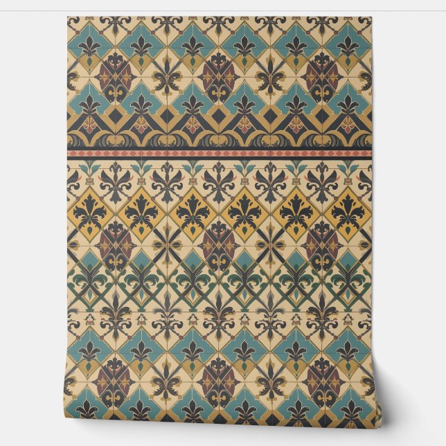 Victorian Tile Pattern in Teal, Gold, and Burgundy Wallpaper (Unrolling)