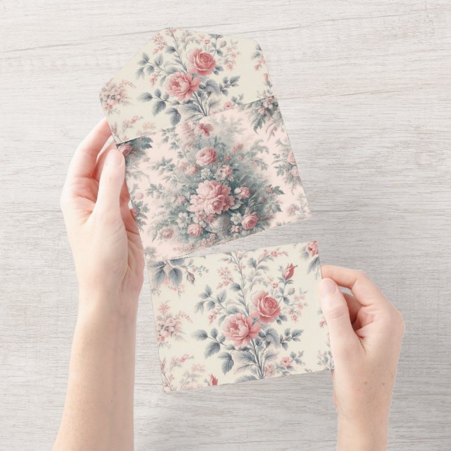Victorian Toile French pink Floral All In One Invitation (Tearaway)