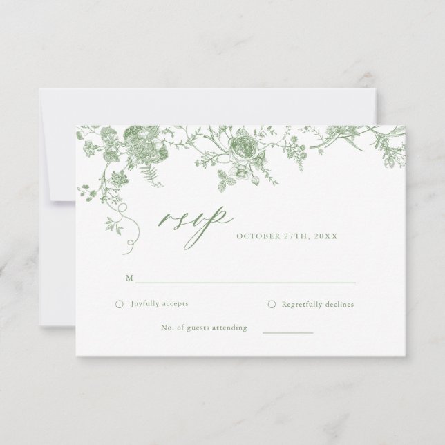 Victorian Toile Sage Green Floral Wedding RSVP Card (Front)