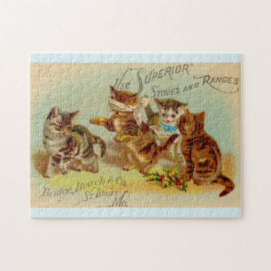 Victorian trade card kittens playing jigsaw puzzle