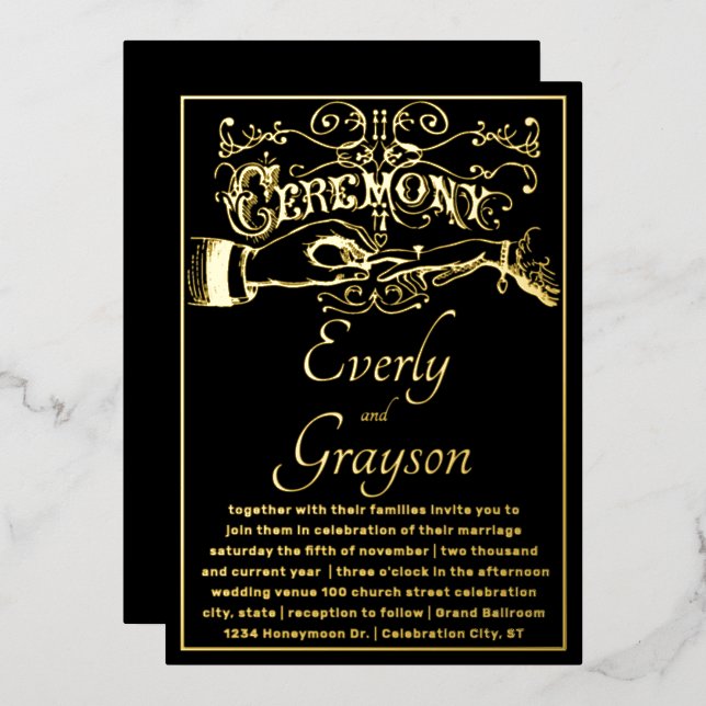 Victorian Typography Elegant Black Gold Wedding    (Front/Back)