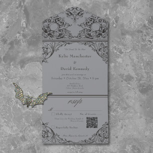 Victorian Until Death Black & Grey Wedding QR Code All In One Invitation