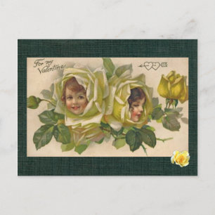 Victorian Valentine 2 Girls Yellow Roses Postcard