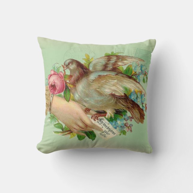 Victorian Valentine Bird and rose Cushion (Front)