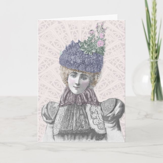 Victorian Valentine - Woman With Lilac Hat Holiday Card (Front)