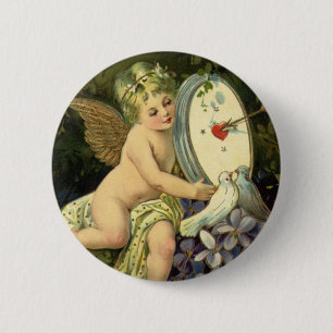 Victorian Valentines Day, Vintage Angel Love birds 6 Cm Round Badge