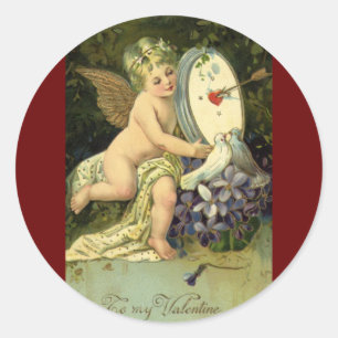 Victorian Valentines Day, Vintage Angel Love birds Classic Round Sticker