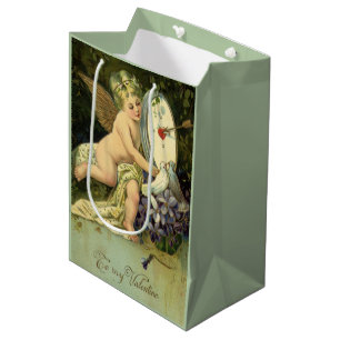 Victorian Valentines Day, Vintage Angel Love birds Medium Gift Bag