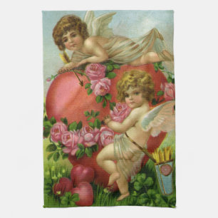 Victorian Valentines Day Vintage Angels Heart Rose Tea Towel