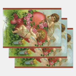 Victorian Valentines Day Vintage Angels Heart Rose Wrapping Paper Sheet