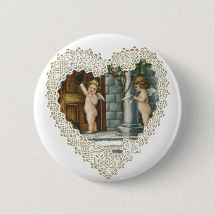 Victorian Valentine's Day, Vintage Angels w Letter 6 Cm Round Badge